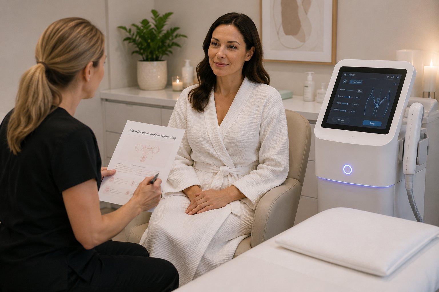 Vaginal tightening treatment - focused ultrasound for tissue rejuvenation and comfort