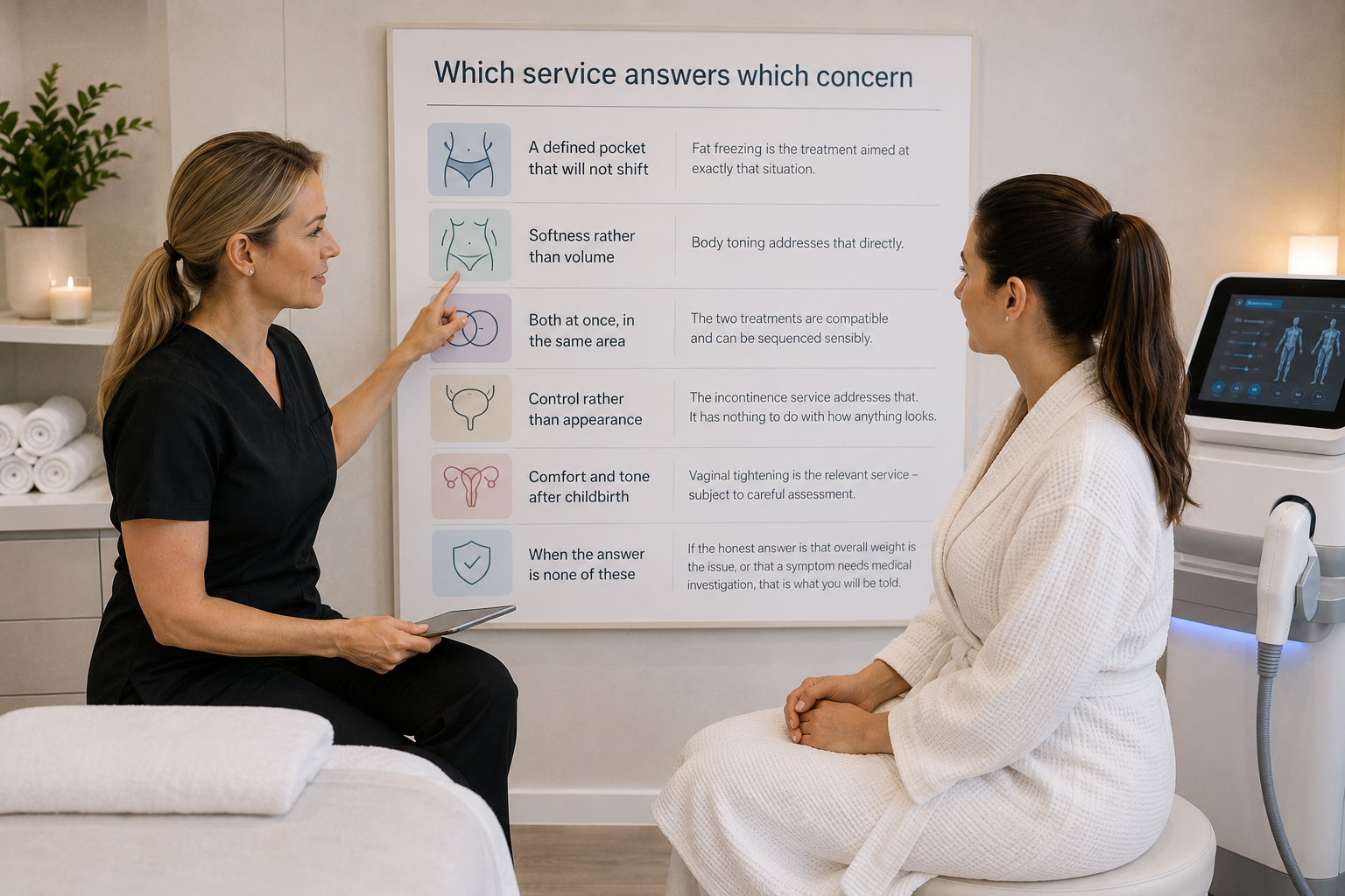 Professional consultation explaining which non-invasive treatment answers each patient concern